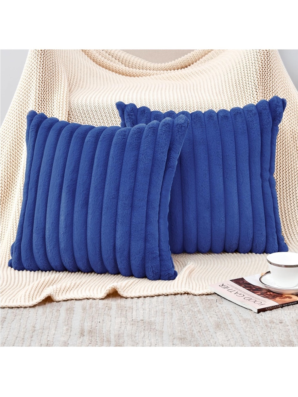 Plush Ribbed 18”x 18” Blue Decorative Throw Pillow Covers